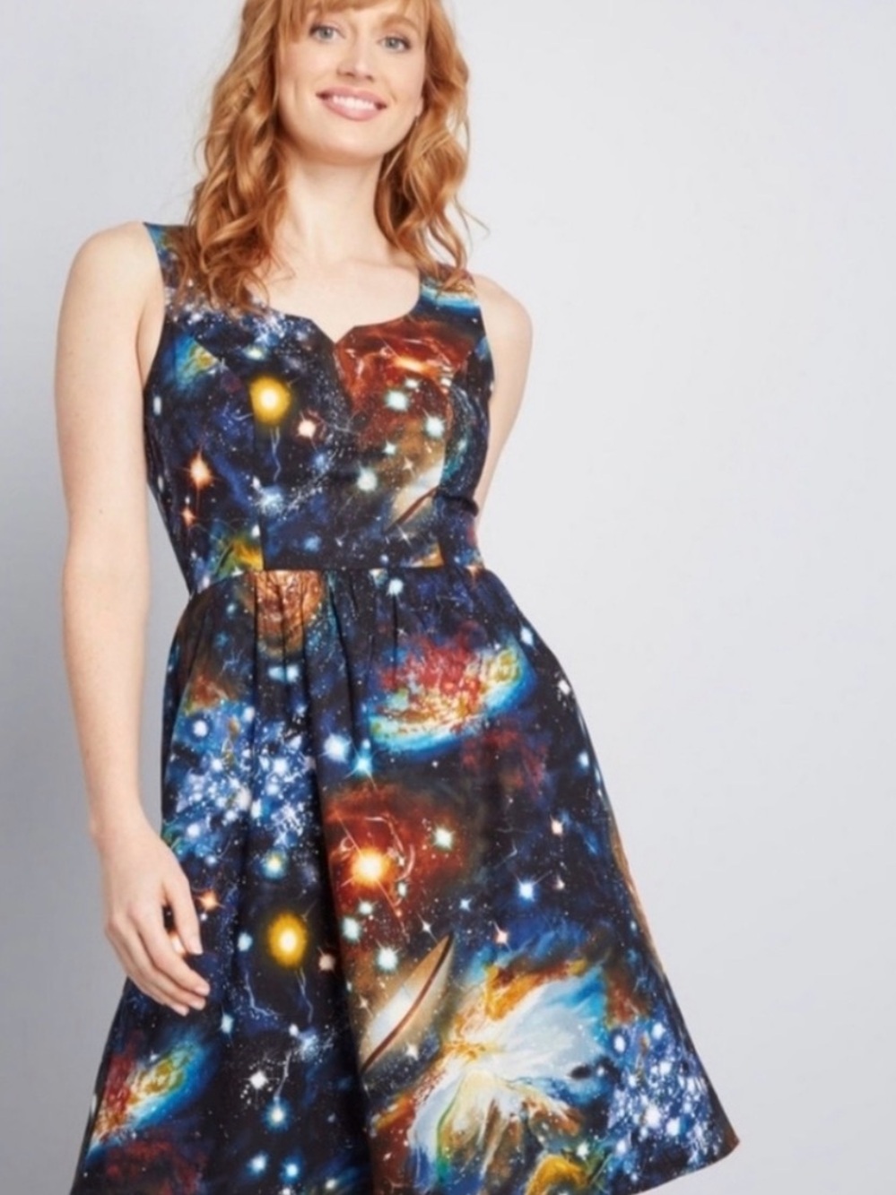ModCloth Galaxy Nebula Print Fit-and-Flare Teacher STEM Dress w/ Pockets Small - Picture 2 of 10